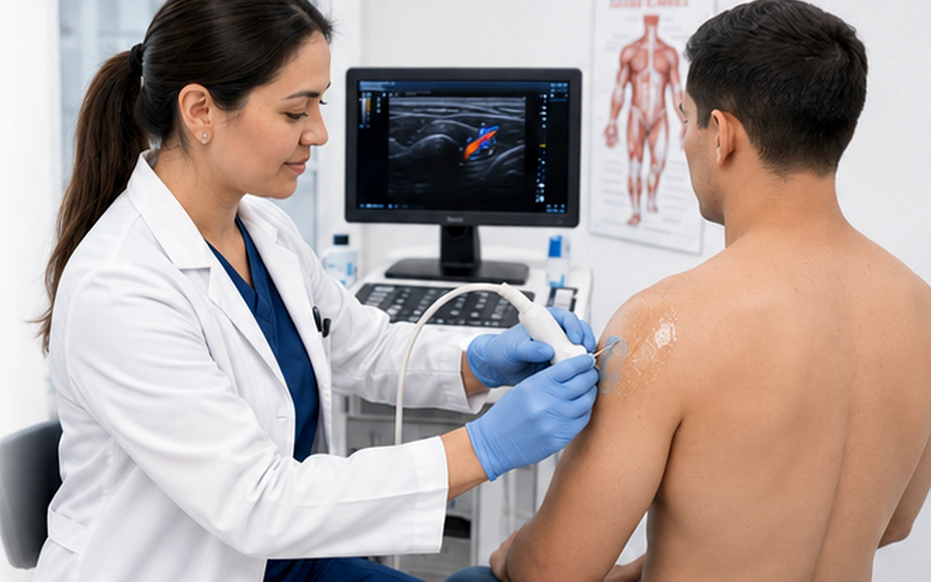 Médica realizando una ecografía musculoesquelética del hombro
