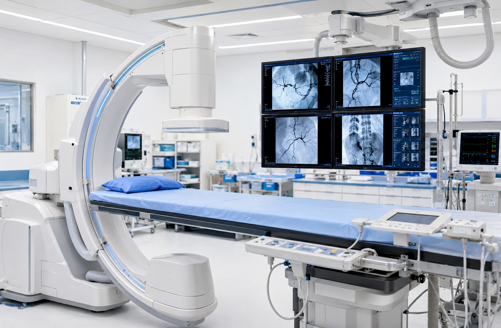 Sala de estudios especiales de radiología e intervencionismo con equipo fluoroscópico