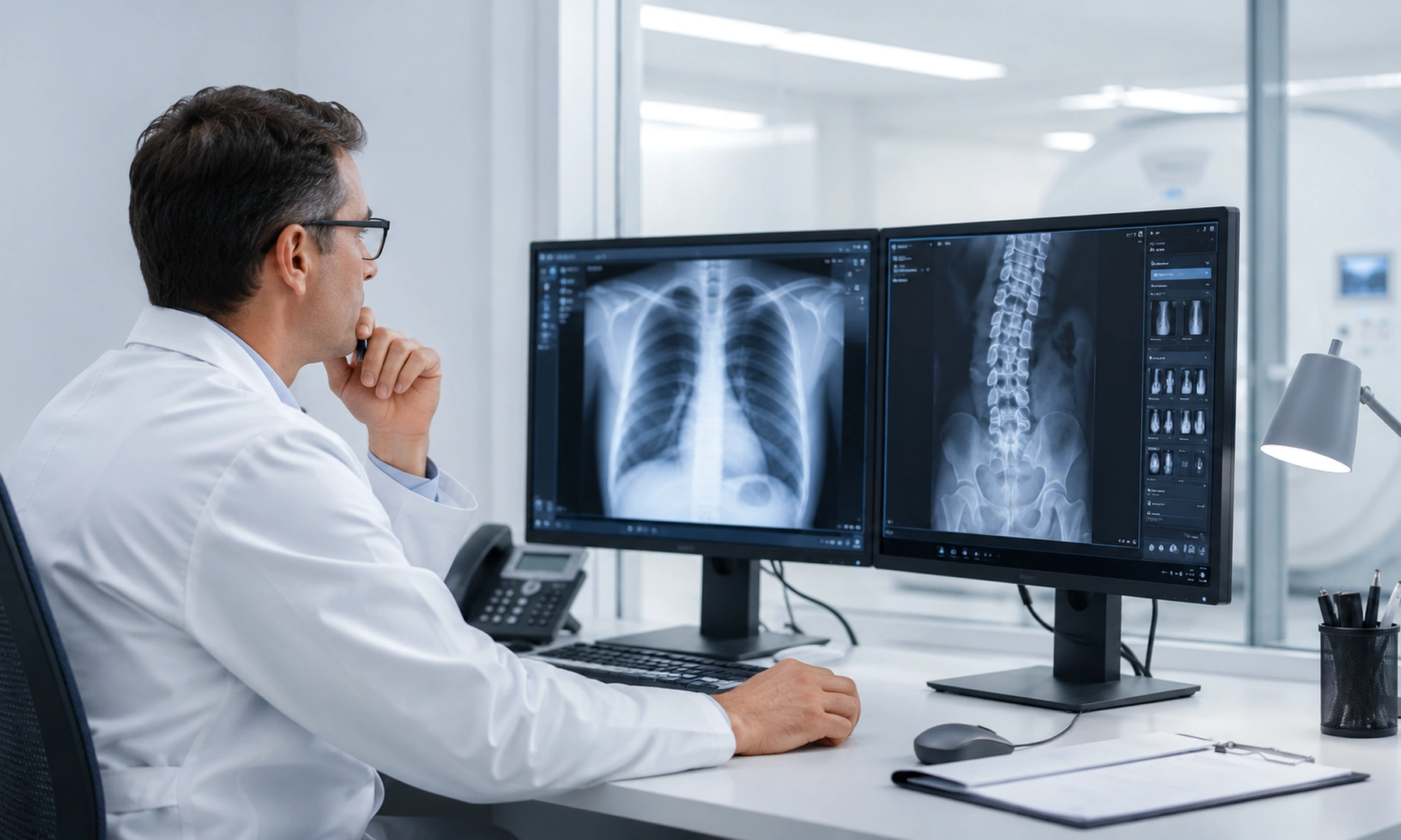 Médico revisando radiografías digitales en monitores