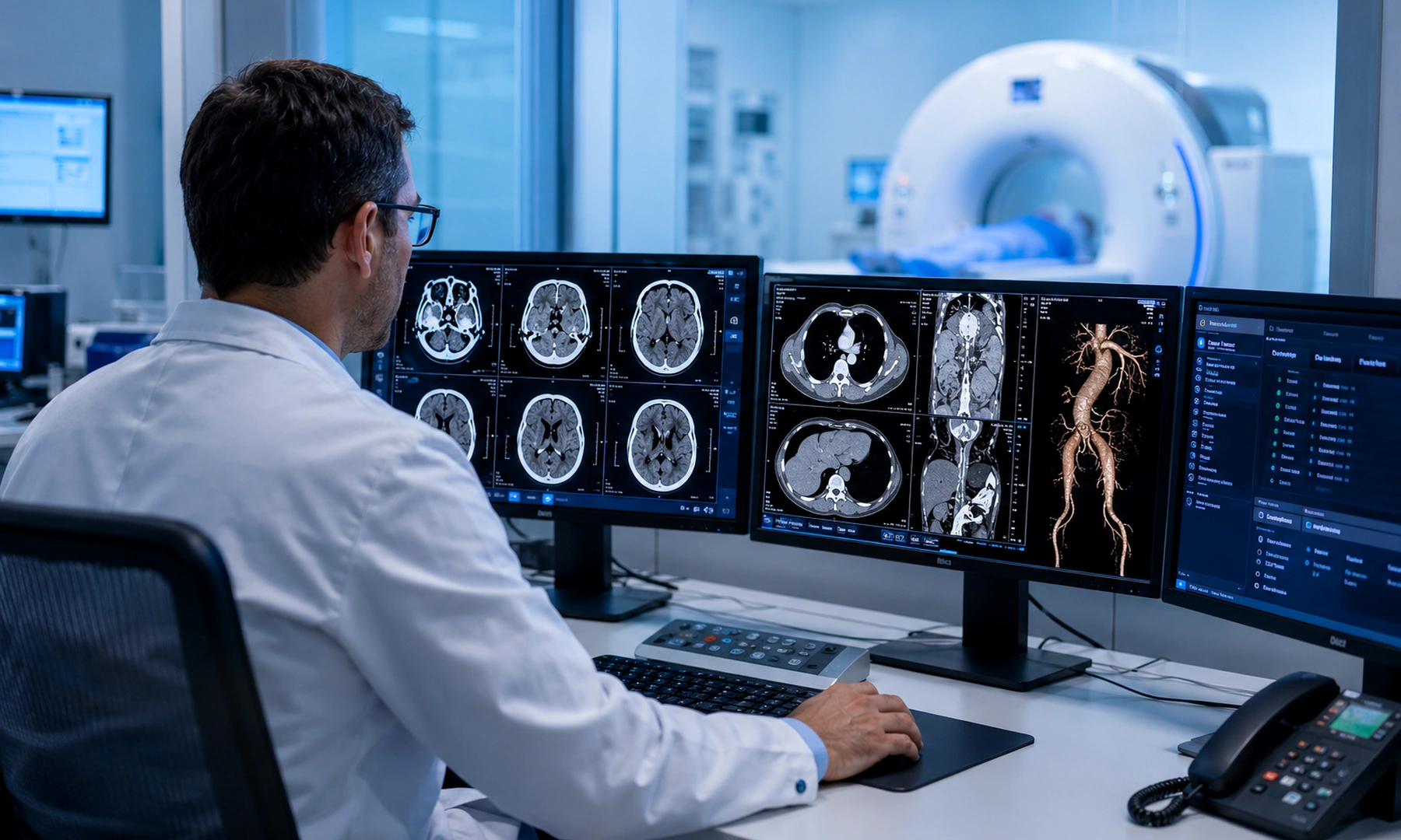 Médico revisando estudios de tomografía multicorte en monitores